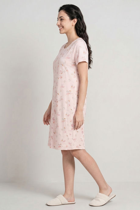 Zivame Beach Dreamer Knit Poly Knee Length Nightdress With In Built Slip On Bra - Soft Pink — image 3